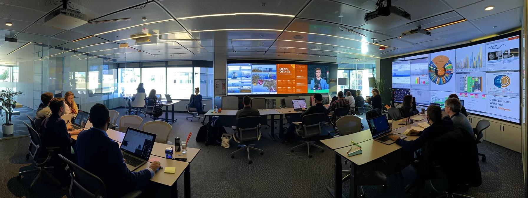 a dynamic office environment showcasing a diverse team engaged in a strategic social media planning session, highlighted by digital analytics displayed on large screens and vibrant brainstorming materials spread across a modern workspace. a dynamic office environment showcasing a diverse team engaged in a strategic social media planning session, highlighted by digital analytics displayed on large screens and vibrant brainstorming materials spread across a modern workspace.