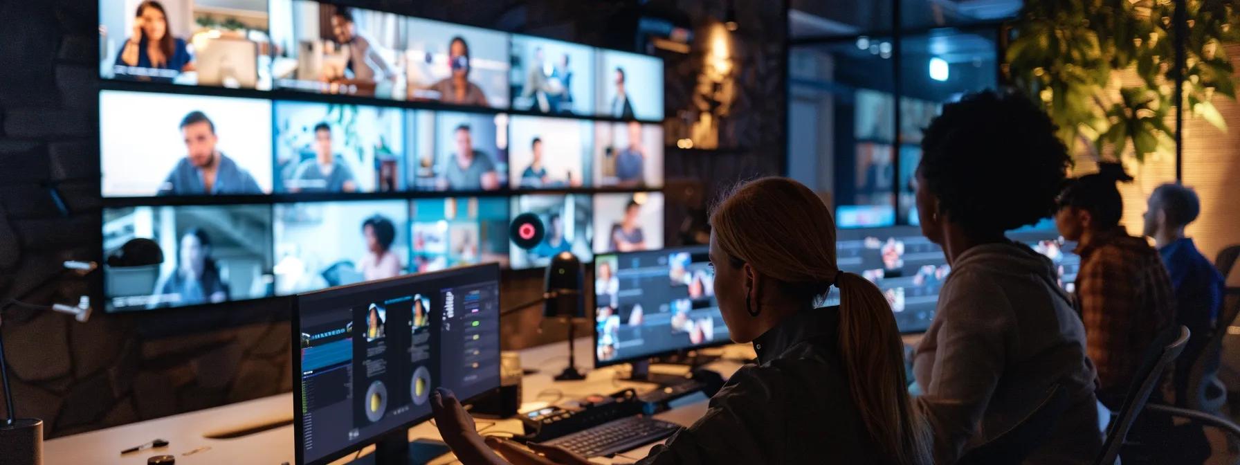 a dynamic office environment showcases a diverse team collaborating over a large screen displaying various video production highlights, emphasizing the professionalism and versatility essential for selecting a corporate video production company.