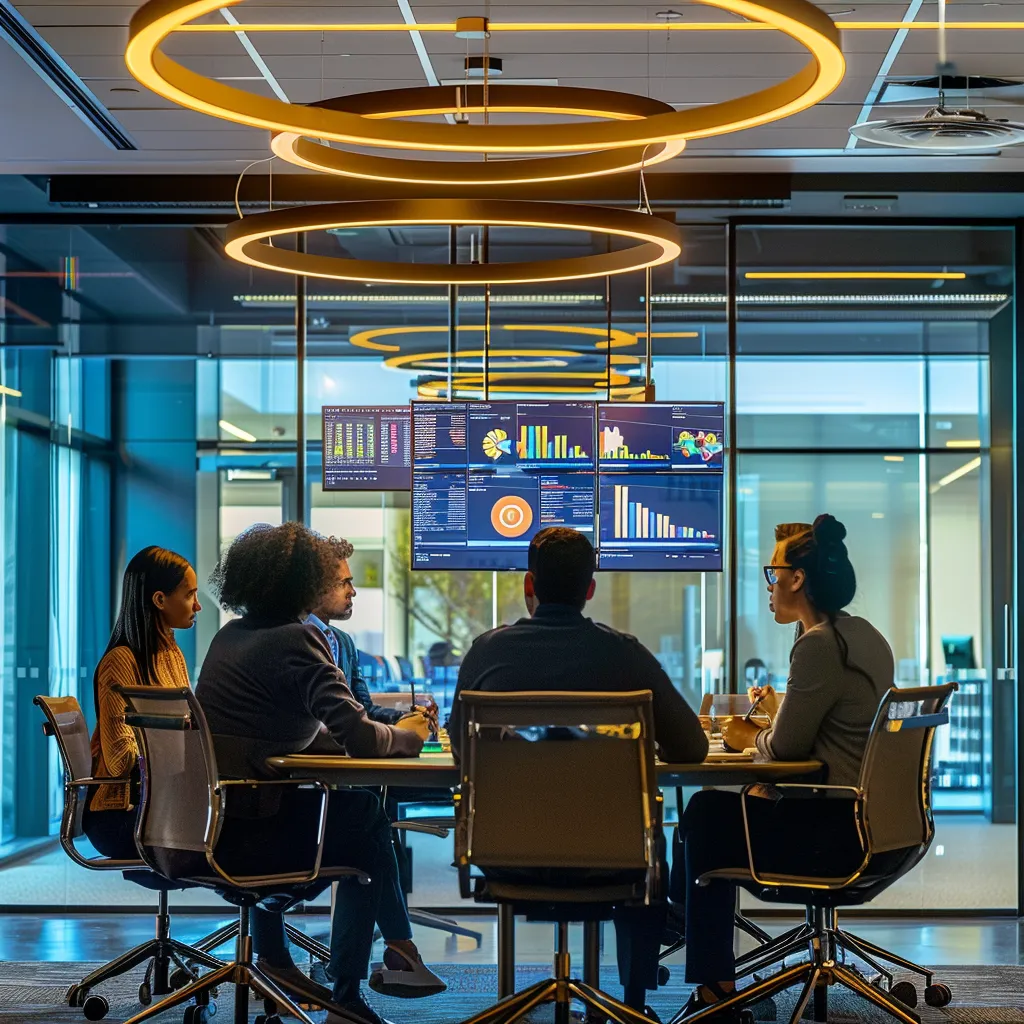 a dynamic office environment showcases a diverse team engaged in a collaborative meeting, surrounded by screens displaying compliance data and innovative strategies, emphasizing a culture of success and adherence to regulations.