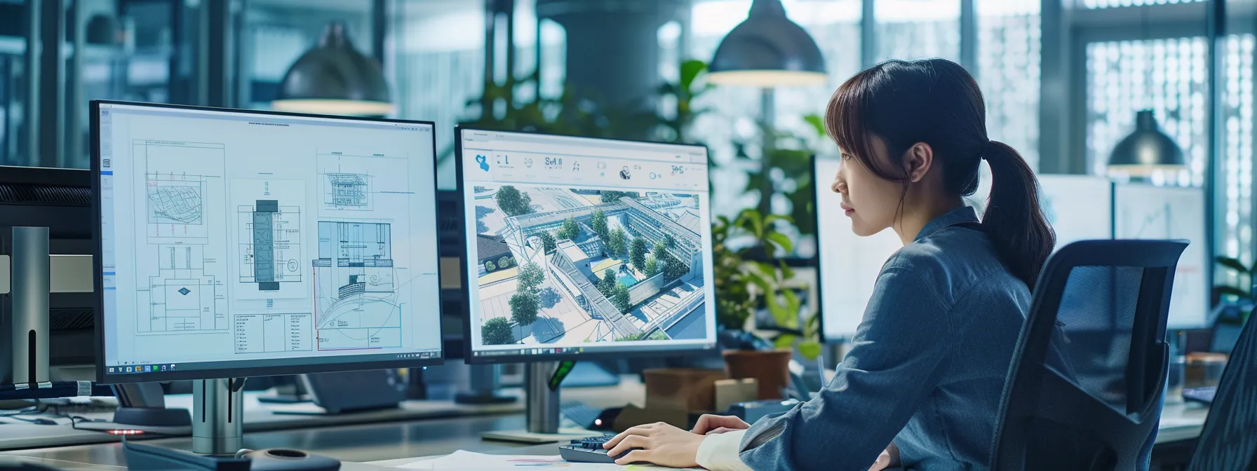 a dynamic office environment showcases an architect reviewing intricate blueprints and digital models displayed on sleek monitors, highlighting creativity and innovation amidst modern design elements.