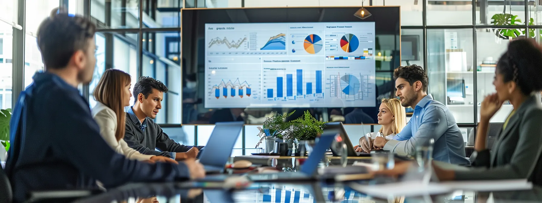 a dynamic office environment showcases a digital marketing team collaborating around a sleek conference table, analyzing vibrant charts and graphs that illustrate inbound and outbound strategies specifically tailored for asphalt paving companies.