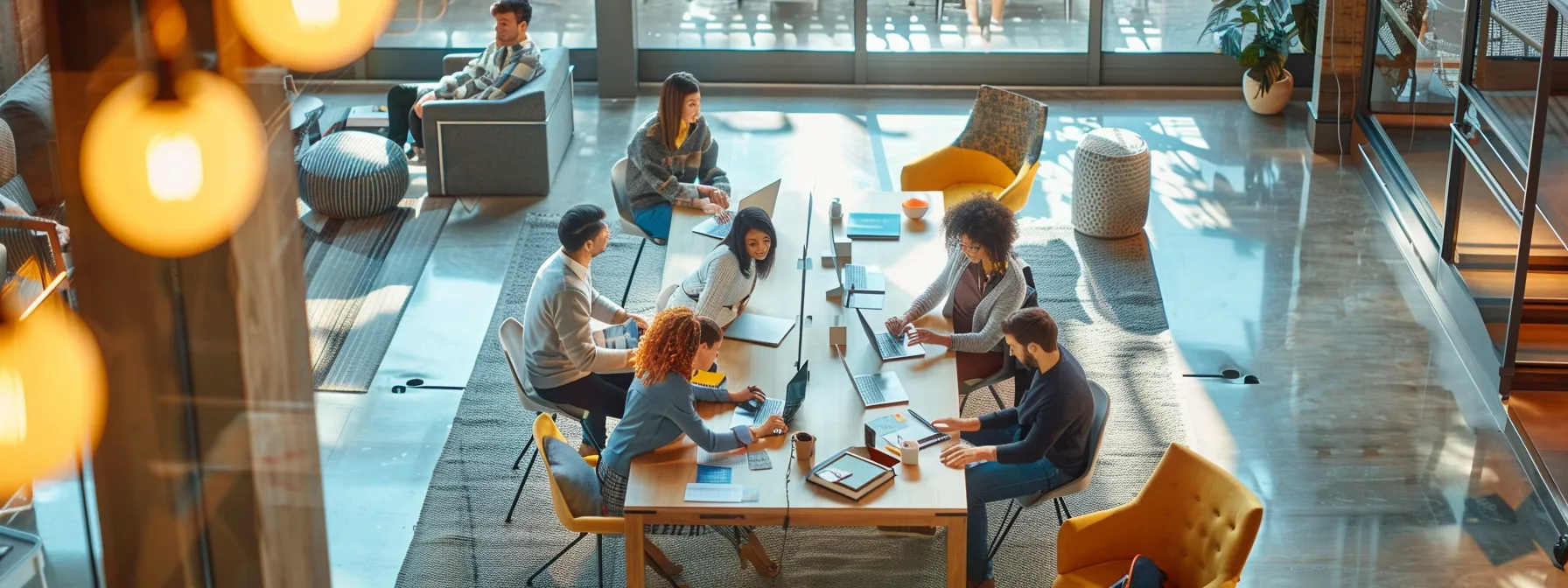 a dynamic office environment showcases a diverse team engaged in a vibrant brainstorming session, as they collaboratively sketch innovative architectural solutions on digital tablets, illuminated by warm, focused lighting that enhances the creative atmosphere.