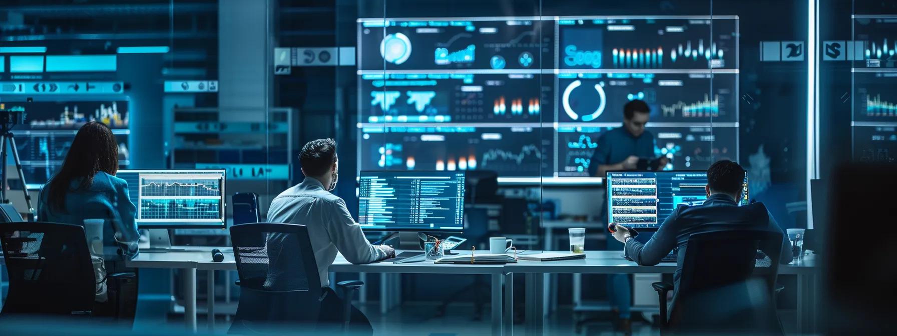a dynamic office environment showcases a sleek digital dashboard displaying google advertising cost models, with a team of professionals engaged in strategic discussions, illuminated by modern lighting that highlights their focused expressions.