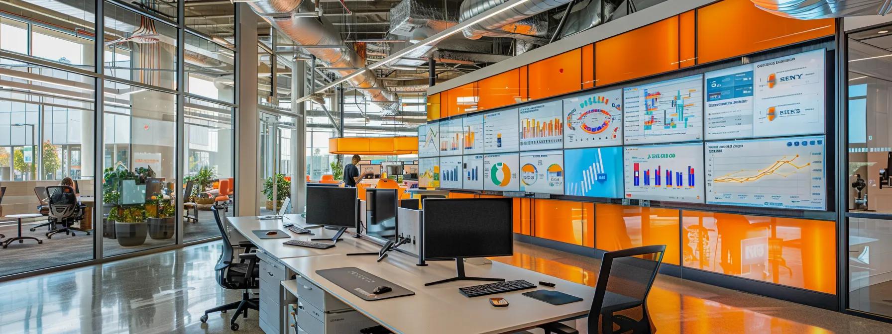 a dynamic office environment showcases a diverse team analyzing vibrant energy marketing performance dashboards on sleek monitors, emphasizing strategic insights and collaboration. a dynamic office environment showcases a diverse team analyzing vibrant energy marketing performance dashboards on sleek monitors, emphasizing strategic insights and collaboration.