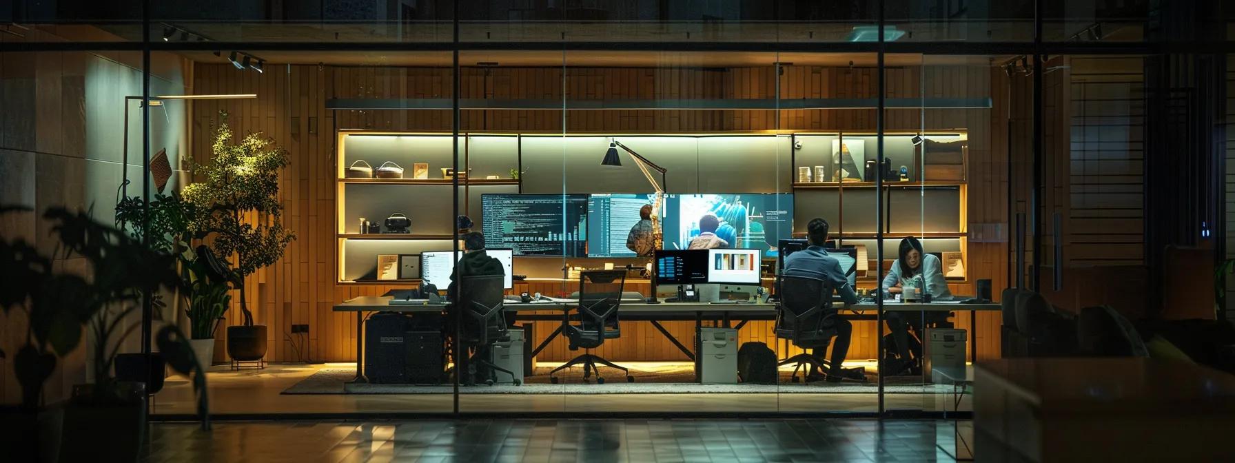 a dynamic office environment showcases a diverse group of certified experts engaged in collaborative discussions around a sleek, high-tech workstation, highlighted by glowing screens displaying complex wordpress development frameworks and analytics, symbolising innovation in enterprise solutions.