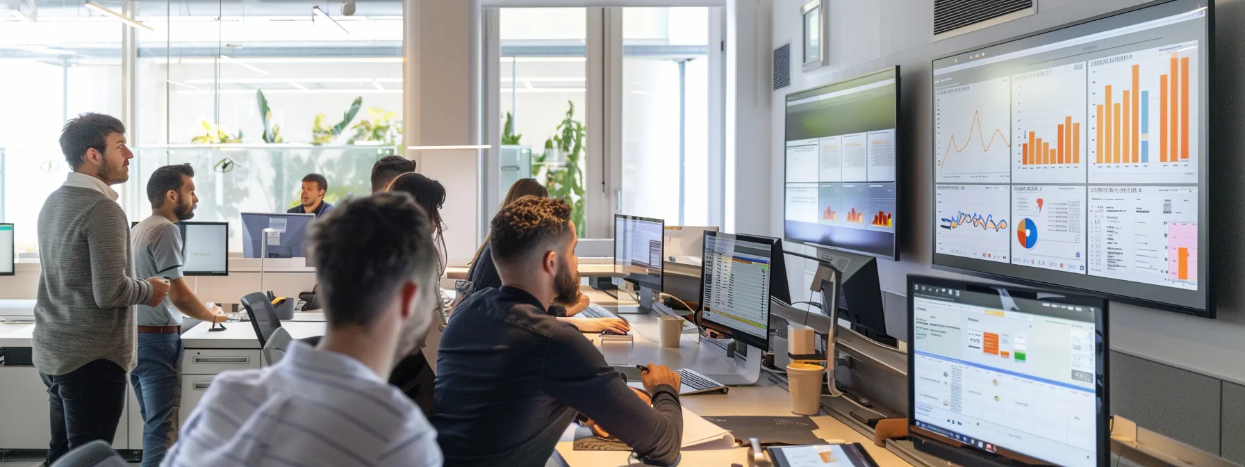 a dynamic office environment showcases a diverse team intently analyzing data on sleek digital screens, visualizing insights from customer behaviors and engagement metrics to craft innovative online marketing strategies.