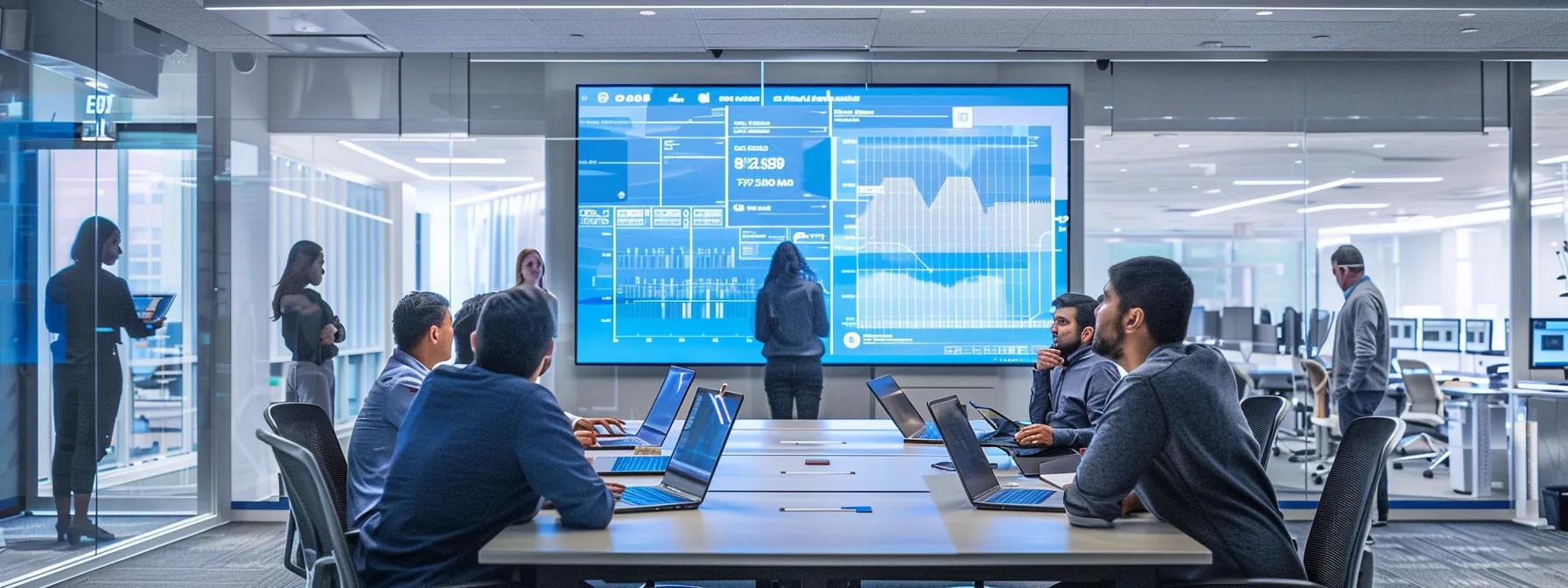a dynamic office environment showcases a diverse team engaging in a collaborative brainstorming session around a large, interactive digital workspace, with vibrant visualization tools and architectural blueprints displayed prominently on screens.