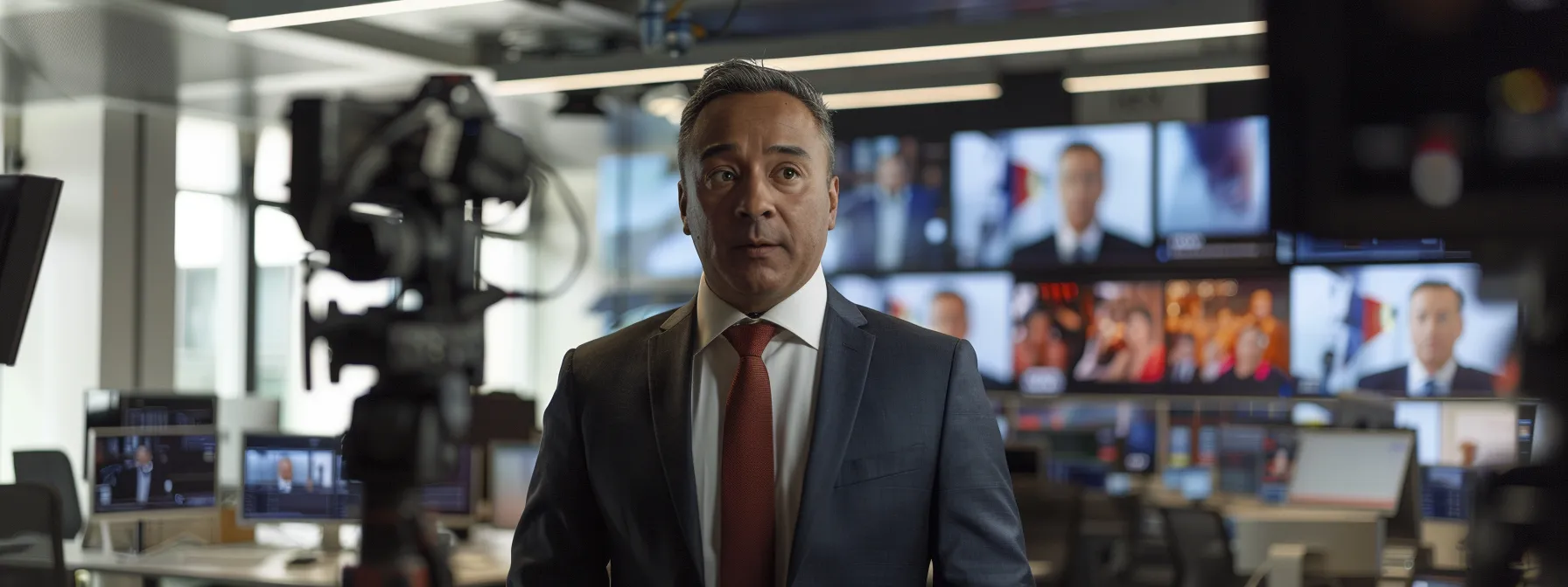 a dynamic office environment showcases a confident executive speaking into a camera, surrounded by captivating television screens displaying engaging media content, conveying the power of a us tv appearance agency in elevating public image and credibility.