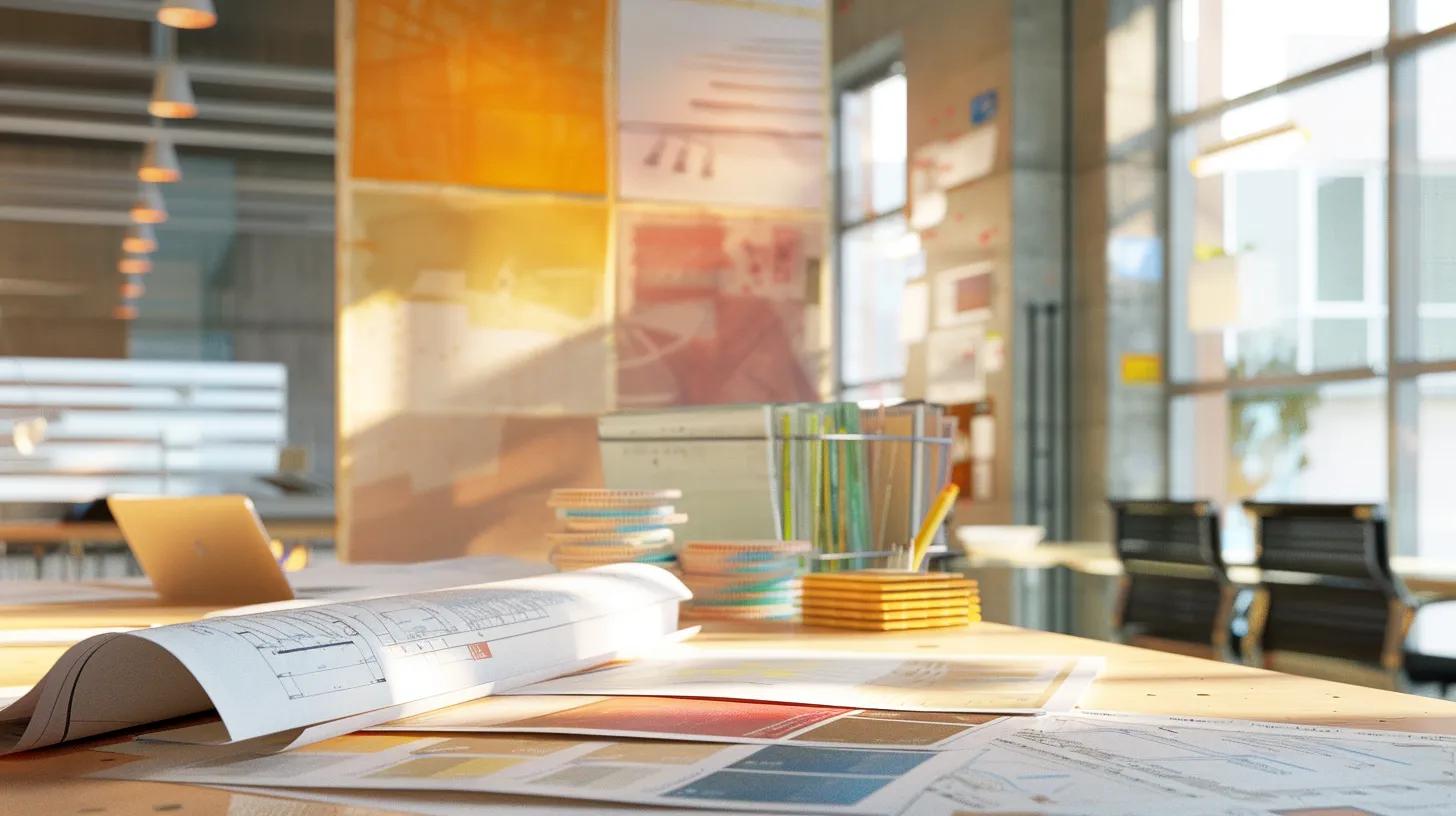 a dynamic office interior showcases knoxville contractors collaborating on a vibrant commercial renovation project, featuring sleek design plans on a contemporary table and vibrant architectural materials in a modern workspace.