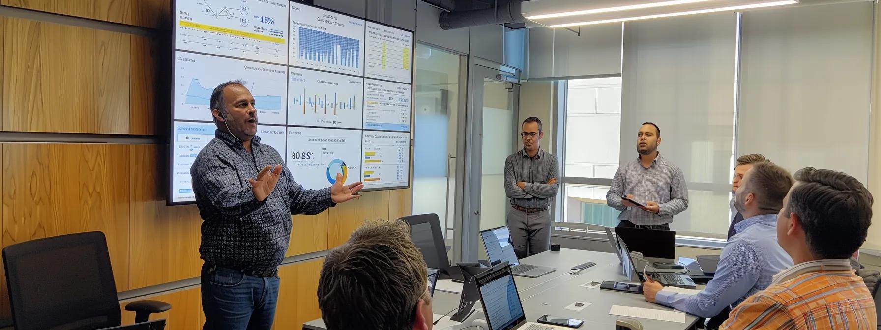 a dynamic office meeting scene captures a passionate sales professional presenting innovative solar marketing strategies on a digital screen, while focused colleagues analyze data metrics and optimize social media performance.