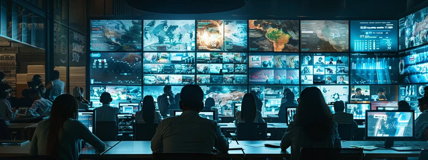 a dynamic office scene captures a diverse group of professionals engaged in a brainstorming session, surrounded by digital displays showcasing high-quality ad creatives and analytics, highlighting the strategic elements that influence click-through rates.