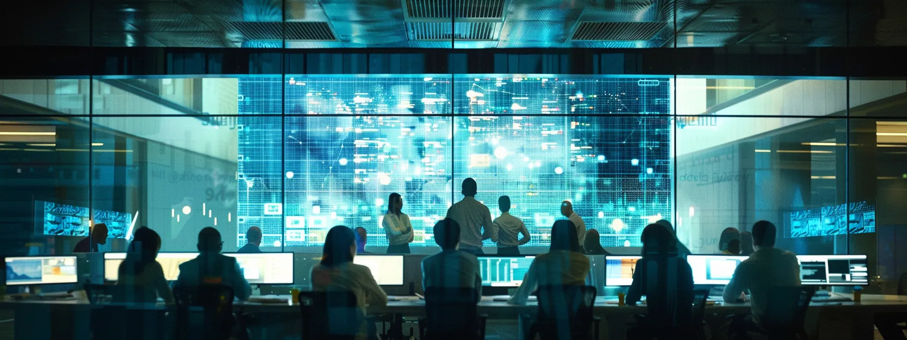 a dynamic office scene captures a focused marketing team collaboratively analyzing audience data on sleek screens, with vibrant visuals of demographic graphs and targeted campaign strategies displayed prominently.