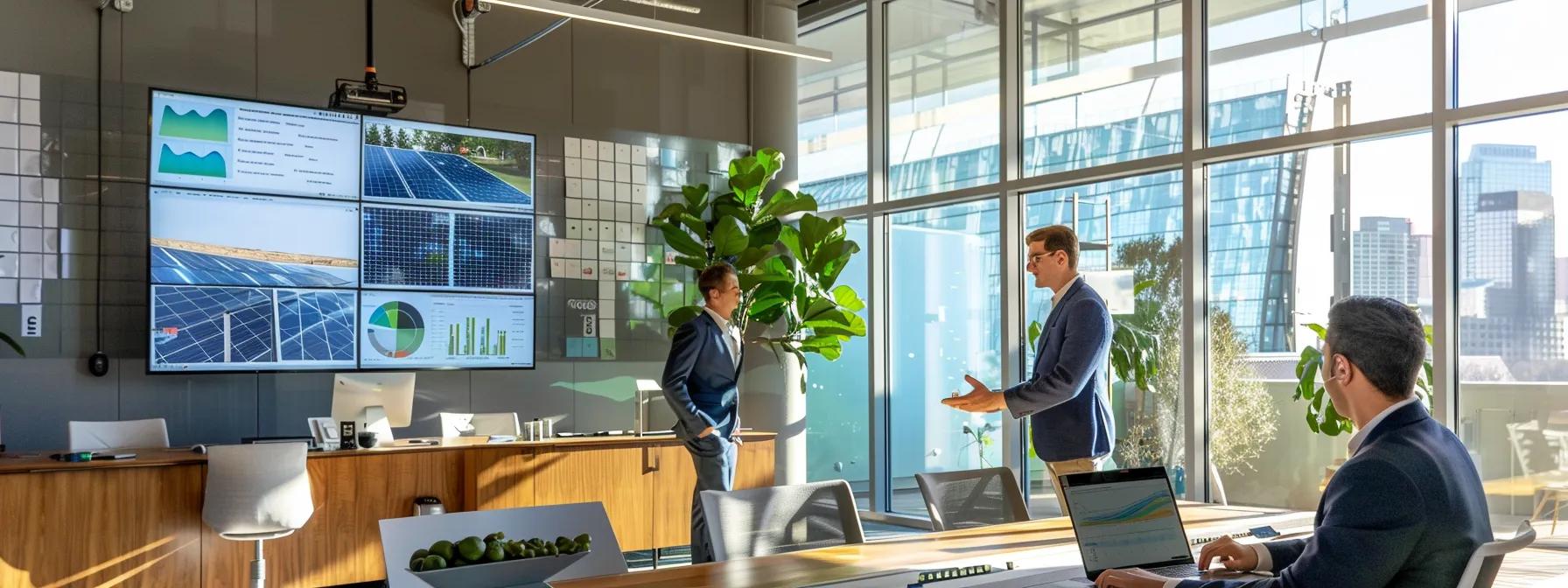 a dynamic office scene captures a confident sales professional passionately presenting solar energy solutions to an engaged homeowner, surrounded by visuals of energy-efficient technologies and solar panel models, showcasing a collaborative and innovative atmosphere. a dynamic office scene captures a confident sales professional passionately presenting solar energy solutions to an engaged homeowner, surrounded by visuals of energy-efficient technologies and solar panel models, showcasing a collaborative and innovative atmosphere.