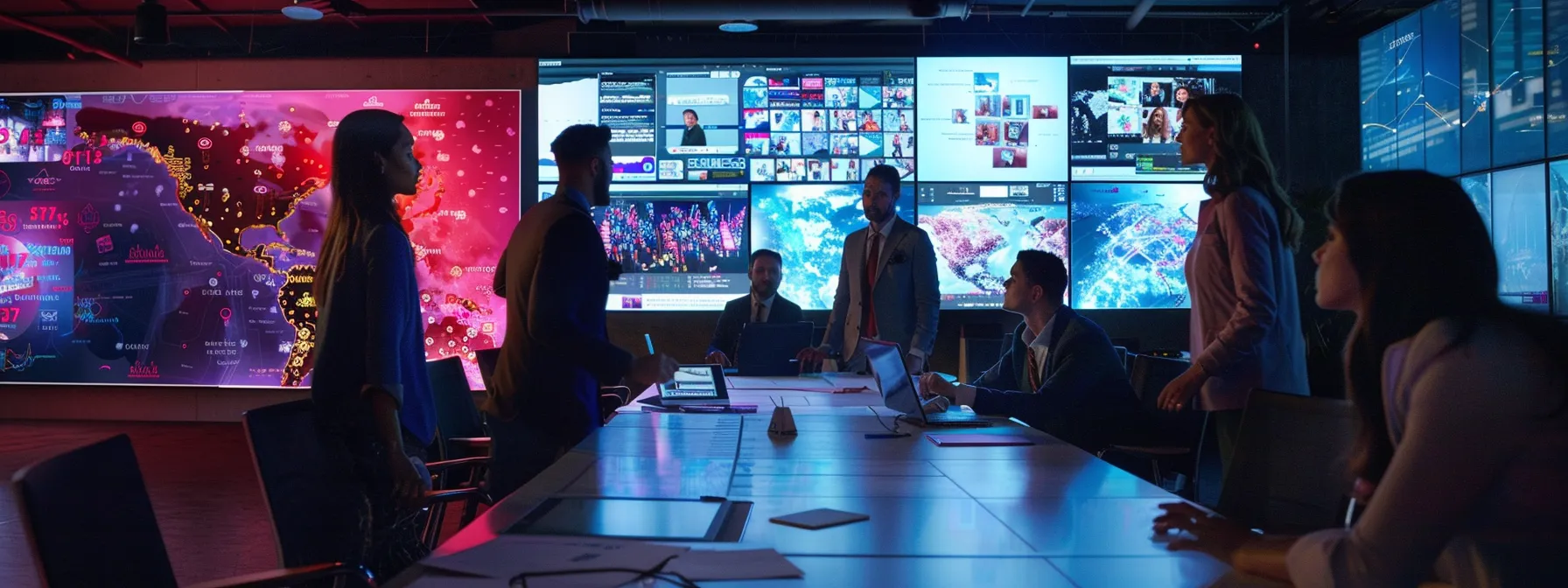 a dynamic office scene featuring a diverse team of professionals energetically discussing social media strategies around a large table, with engaging visuals of analytics and live video feeds displayed on screens, highlighting the vibrant atmosphere of collaboration and innovation in enhancing online business presence. a dynamic office scene featuring a diverse team of professionals energetically discussing social media strategies around a large table, with engaging visuals of analytics and live video feeds displayed on screens, highlighting the vibrant atmosphere of collaboration and innovation in enhancing online business presence.
