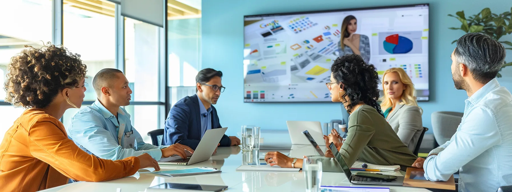 a dynamic office scene features a diverse group of professionals gathered around a sleek conference table, animatedly discussing digital marketing strategies while a vibrant presentation on google posts illuminates the wall behind them, symbolizing innovative approaches to enhance small business visibility and connect with customers.