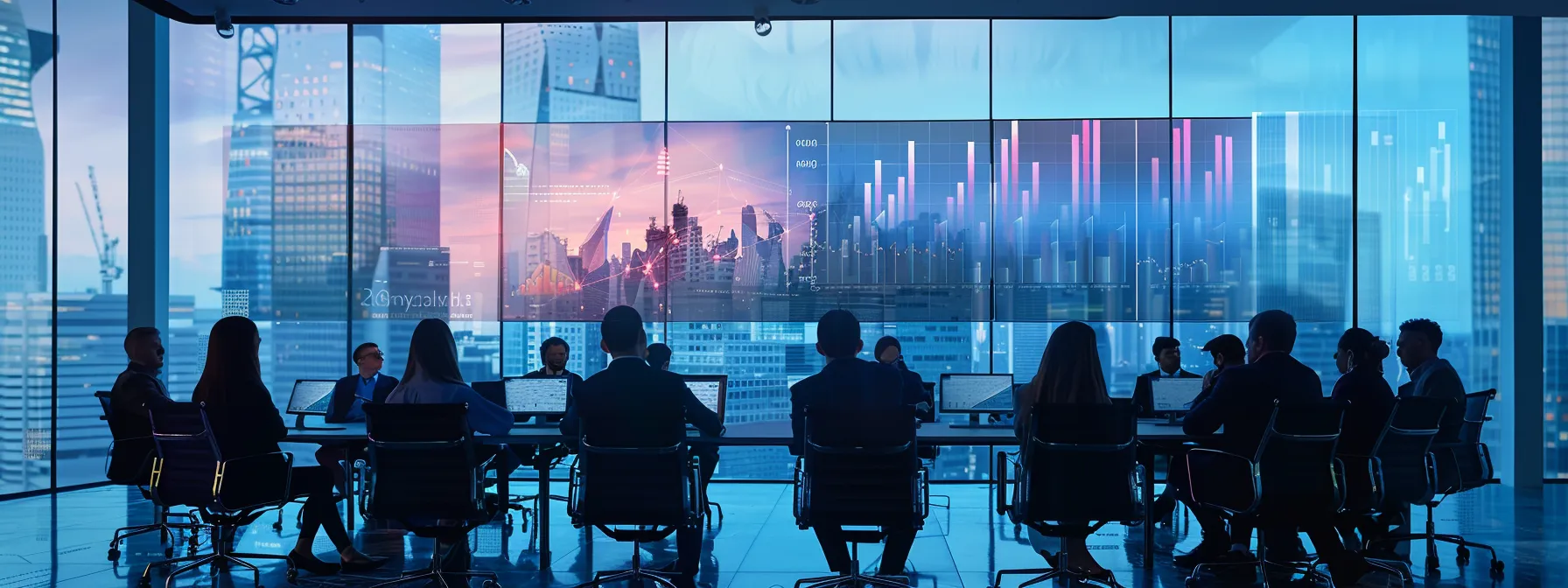 a dynamic office scene featuring a focused marketing team brainstorming strategies around a sleek conference table, with digital analytics displayed on screens highlighting the challenges of outbound marketing for lead generation in the demolition industry.