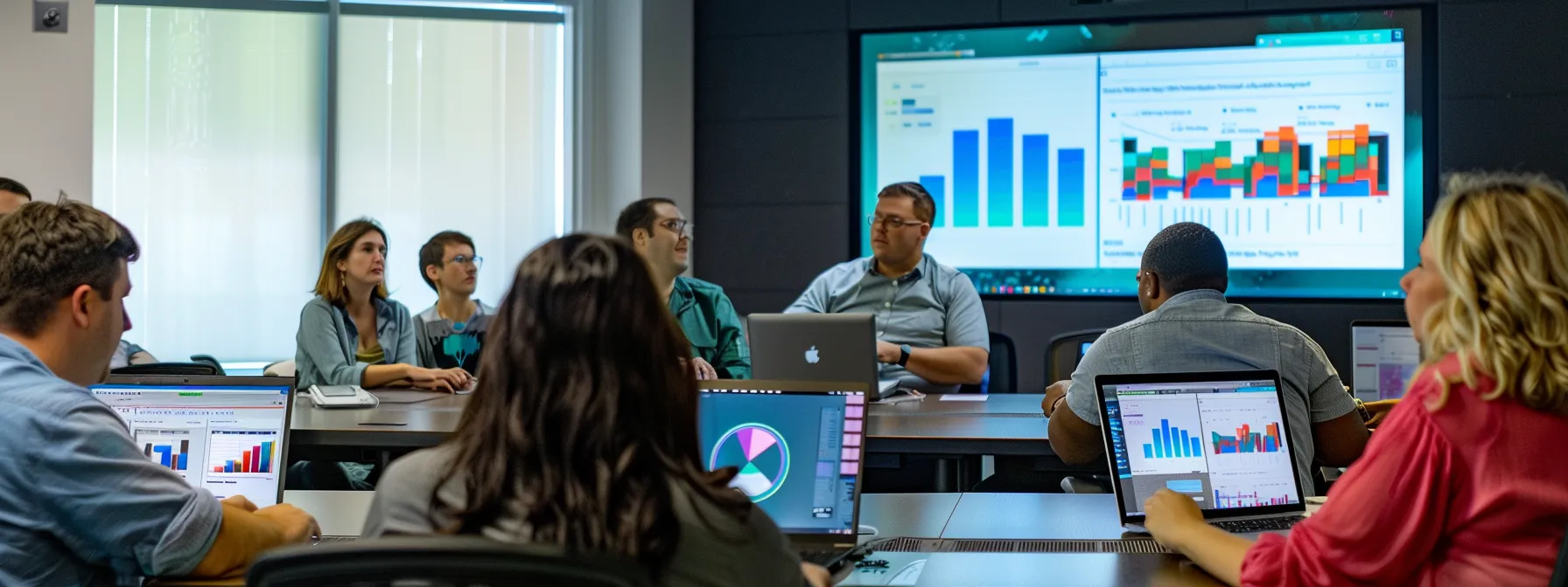 a dynamic office scene featuring a diverse team of professionals collaborating over digital marketing analytics on sleek laptops, with vibrant charts and graphs displayed on a large screen, emphasizing the strategic advantages of real-time marketing.