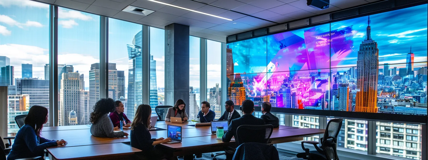 a dynamic office scene in a sleek new york city pr agency featuring professionals engaged in a strategy meeting around a modern conference table, with large screens displaying tv outreach plans and a vibrant skyline visible through floor-to-ceiling windows.