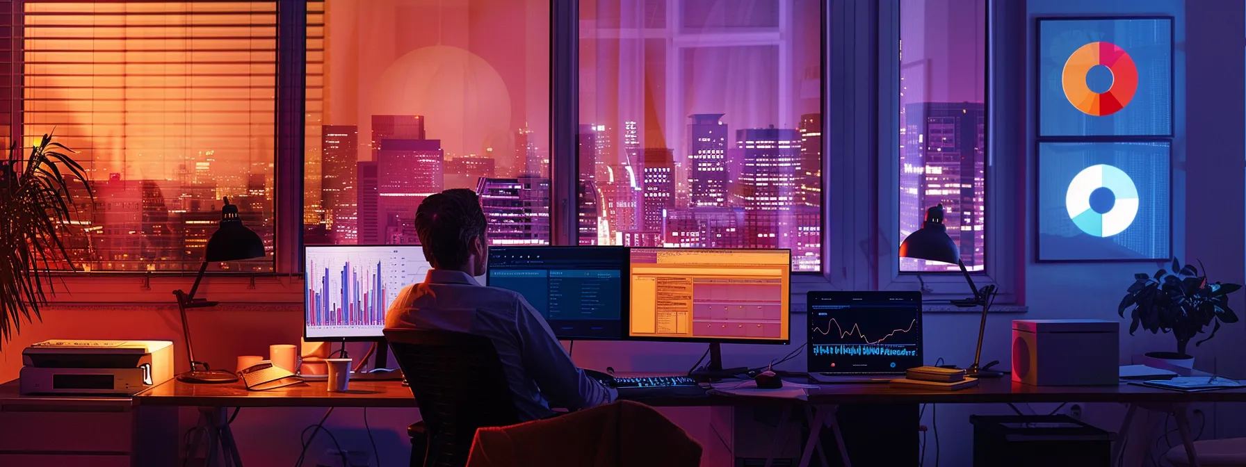 a dynamic office scene showcases a focused business professional analyzing a vibrant dashboard of seo analytics on a sleek desktop monitor, surrounded by strategic reports and visual data displays that highlight growth trends and online performance metrics. a dynamic office scene showcases a focused business professional analyzing a vibrant dashboard of seo analytics on a sleek desktop monitor, surrounded by strategic reports and visual data displays that highlight growth trends and online performance metrics.