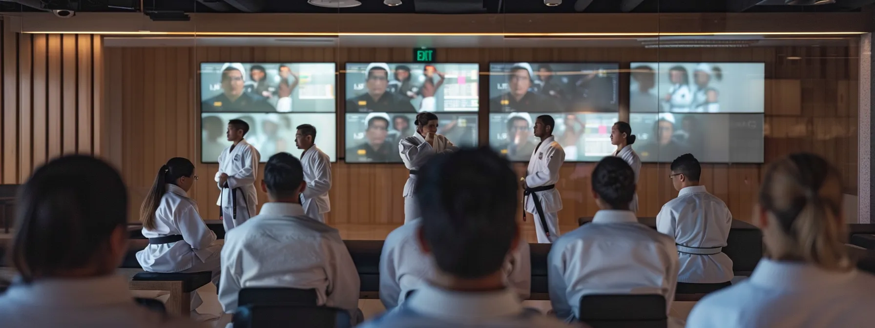 a dynamic office scene showcases a diverse group of martial arts instructors engaged in a focused training session, surrounded by digital screens displaying enrollment software and recruitment analytics, illustrating the proactive steps taken to enhance student recruitment through technology. a dynamic office scene showcases a diverse group of martial arts instructors engaged in a focused training session, surrounded by digital screens displaying enrollment software and recruitment analytics, illustrating the proactive steps taken to enhance student recruitment through technology.
