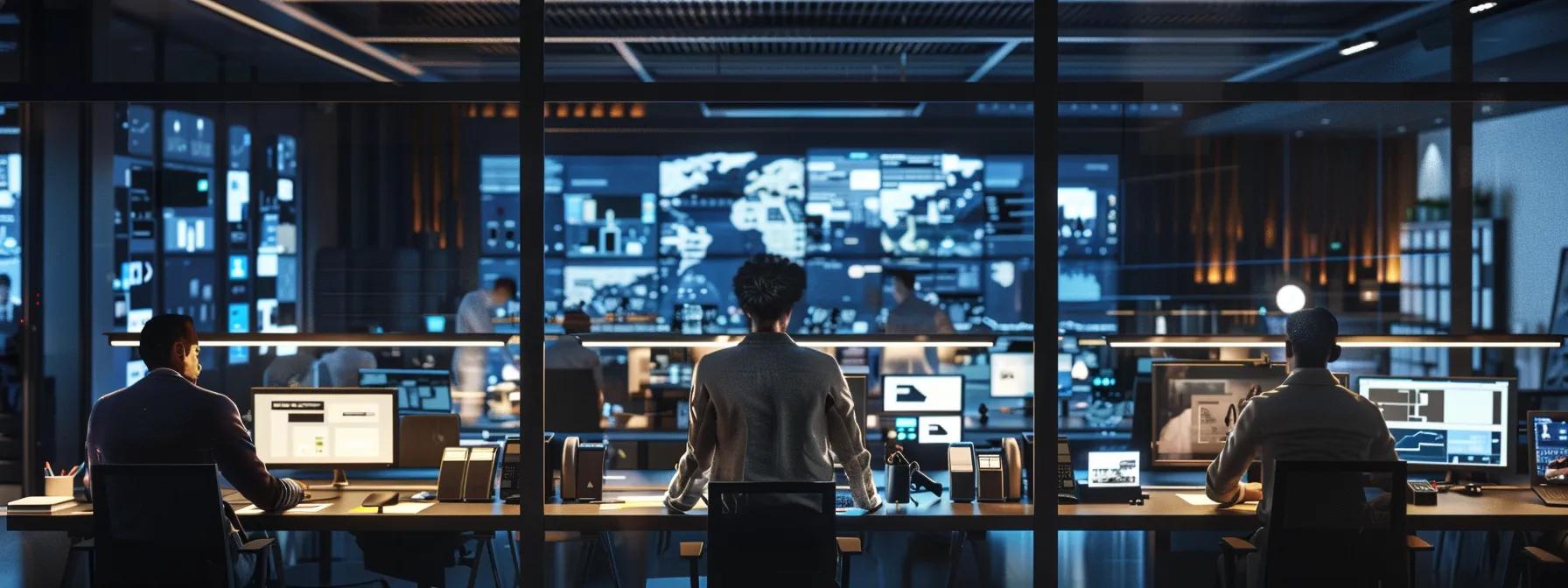 a dynamic office scene showcasing a diverse team collaborating around sleek, modern workstations, with multiple devices displaying a responsive and accessible website design, highlighting inclusivity and user-friendly features on various screens.
