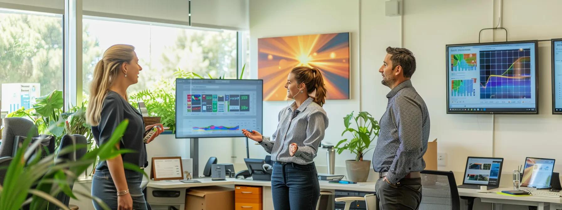 a dynamic office setting captures a confident solar energy salesperson engaging a curious homeowner, surrounded by vibrant digital displays showcasing the benefits of solar power.