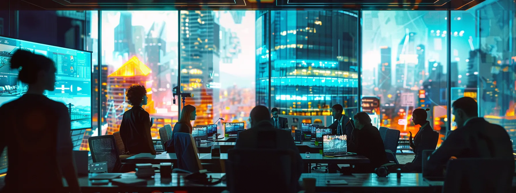 a dynamic office setting features a diverse group of architecture professionals engaged in a lively discussion around a sleek conference table, with digital screens displaying architectural designs and security technology concepts in the background.