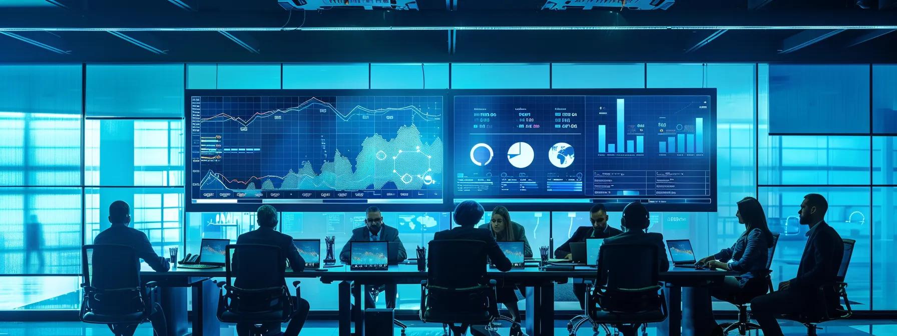 a dynamic office setting featuring a large digital screen displaying vibrant graphs and charts that illustrate global market trends and country rankings in precision metal manufacturing, with professionals engaged in strategic discussions around a sleek conference table.