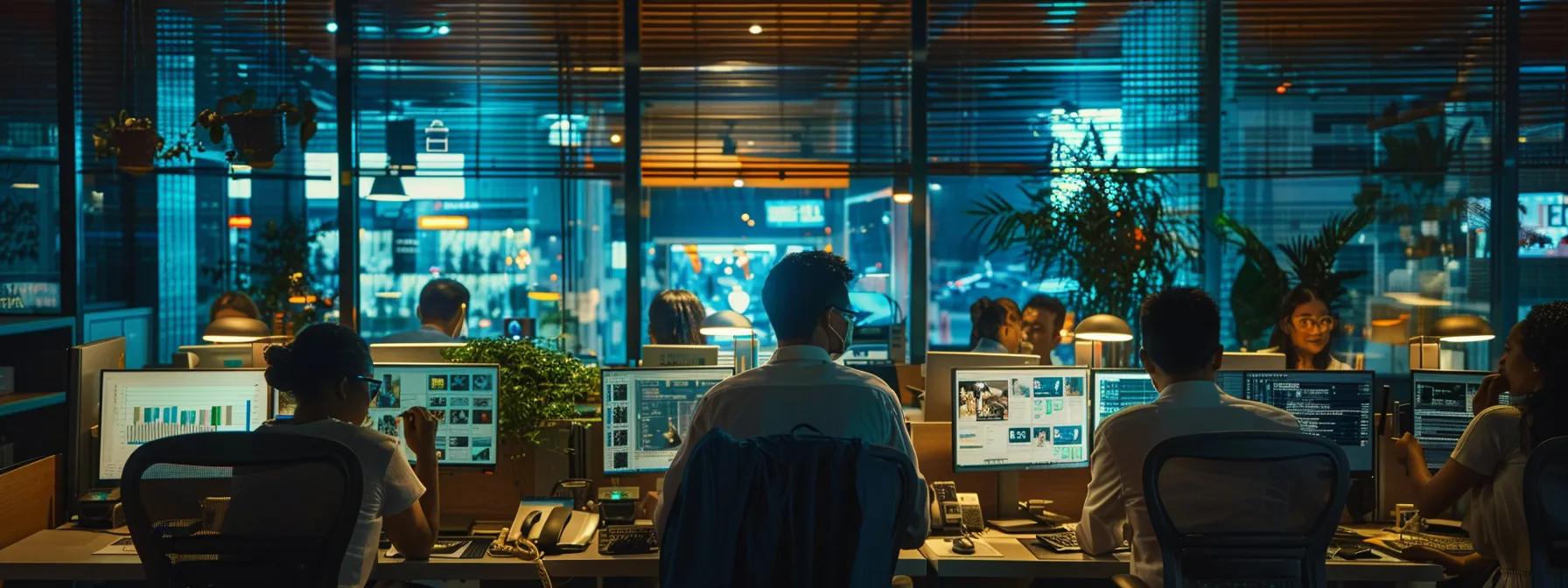 a dynamic office setting filled with diverse professionals collaboratively analyzing engaging mental health content on sleek digital devices, illuminated by warm artificial lighting that fosters a sense of connection and innovation.