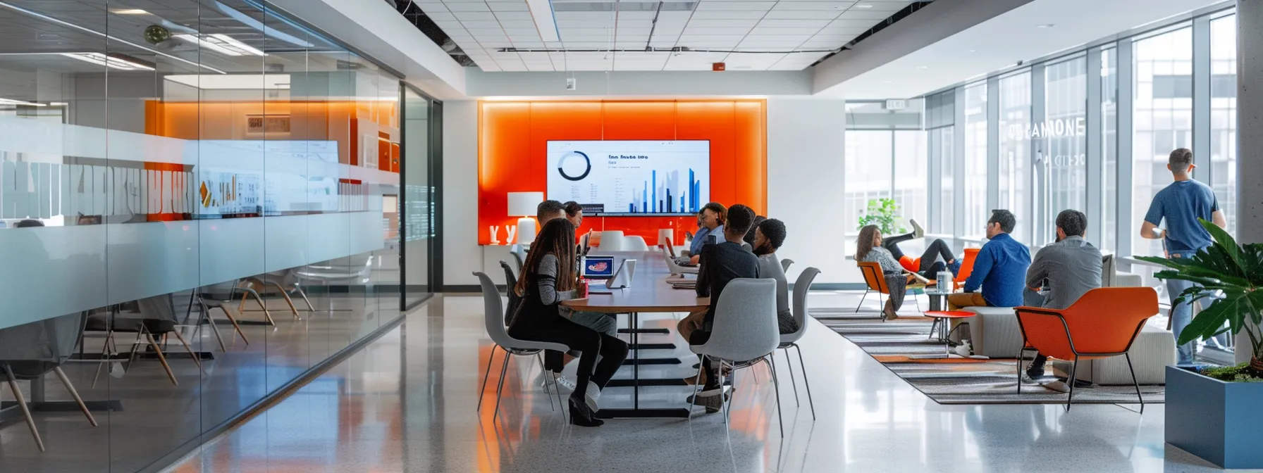 a dynamic office setting filled with focused professionals engaging in strategic discussions and brainstorming sessions, surrounded by high-tech marketing tools and data analytics displays that emphasize effective outbound marketing strategies for lead generation.