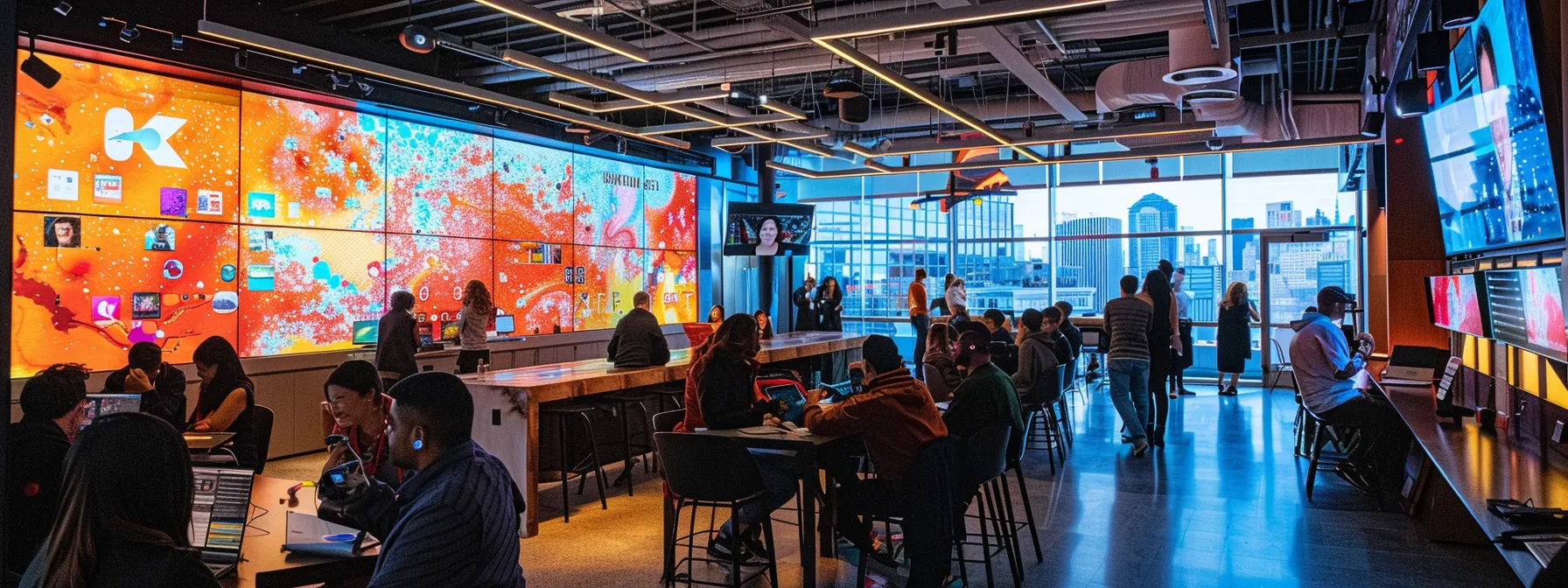 a dynamic office setting in new york city, featuring a diverse group of pr professionals engaged in brainstorming sessions, surrounded by digital screens displaying audience analytics and media trends.