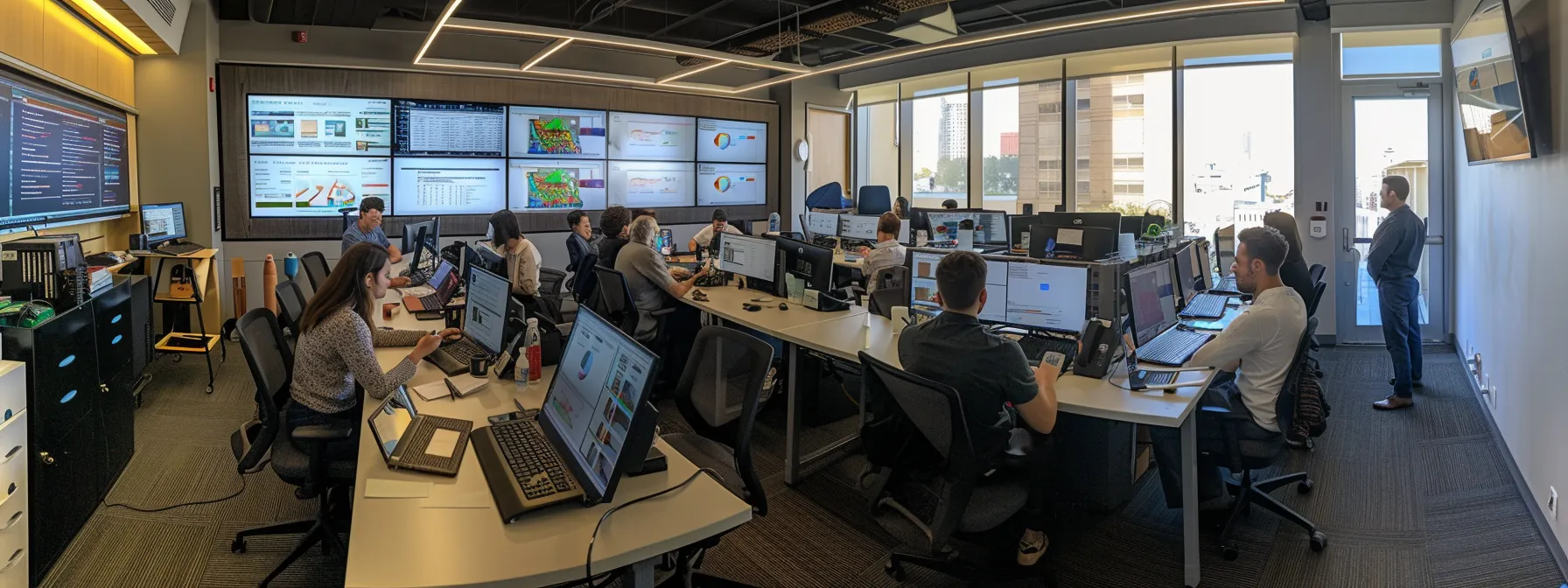a dynamic office setting showcases a diverse team of professionals engaged in a strategic brainstorming session, surrounded by large screens displaying real-time analytics and successful sem campaign visuals, highlighting their collaborative efforts to enhance online visibility and drive revenue growth for small businesses. a dynamic office setting showcases a diverse team of professionals engaged in a strategic brainstorming session, surrounded by large screens displaying real-time analytics and successful sem campaign visuals, highlighting their collaborative efforts to enhance online visibility and drive revenue growth for small businesses.