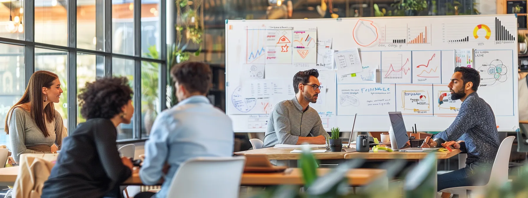 a dynamic office setting showcases a diverse team engaged in a strategic brainstorming session, surrounded by whiteboards filled with branding concepts and charts, emphasizing the essence of reputation management in modern business.