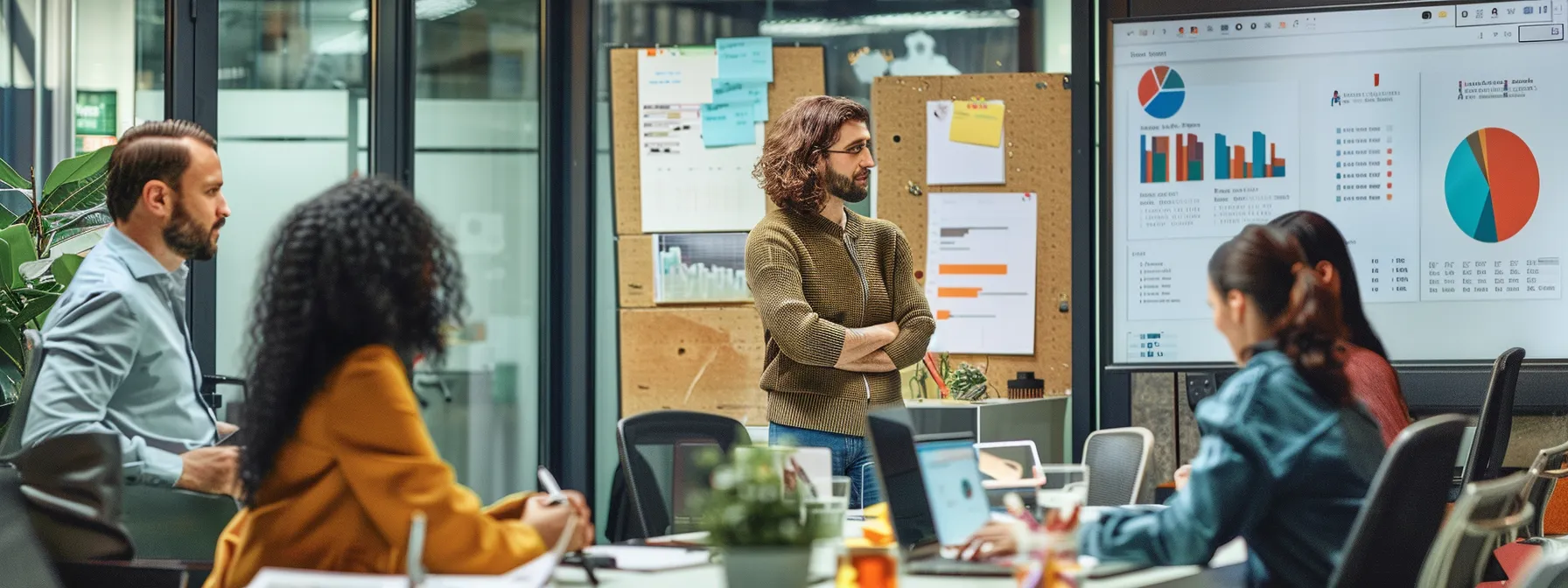 a dynamic office setting showcases a diverse team of professionals engaged in a brainstorming session, surrounded by vibrant charts and marketing materials that illustrate the efficient synergy of inbound and outbound marketing strategies for an asphalt paving company.
