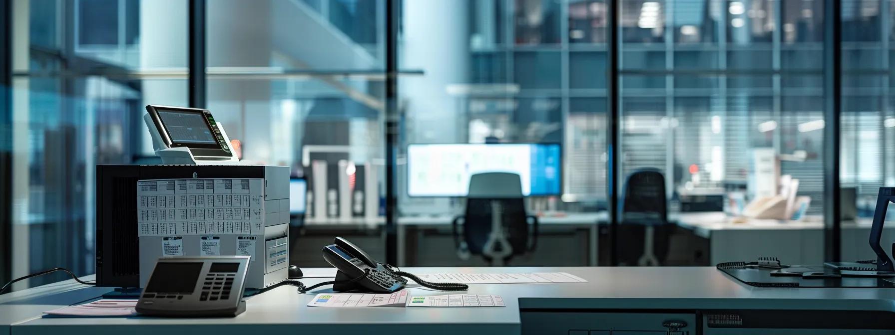 a dynamic office setting showcases a sleek, high-tech cheque management workstation, featuring a computer screen displaying automated notifications and secure cheque prints, with focused professionals engaged in reviewing financial data and maintaining operational efficiency. a dynamic office setting showcases a sleek, high-tech cheque management workstation, featuring a computer screen displaying automated notifications and secure cheque prints, with focused professionals engaged in reviewing financial data and maintaining operational efficiency.