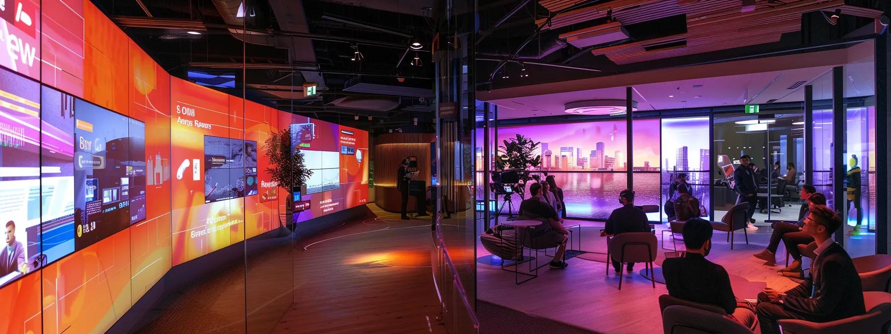 a dynamic office setting showcases a diverse team engaged in a brainstorming session, surrounded by vibrant digital screens displaying impressive analytics and media clips, highlighting the powerful impact of tenx pr's branding strategies.