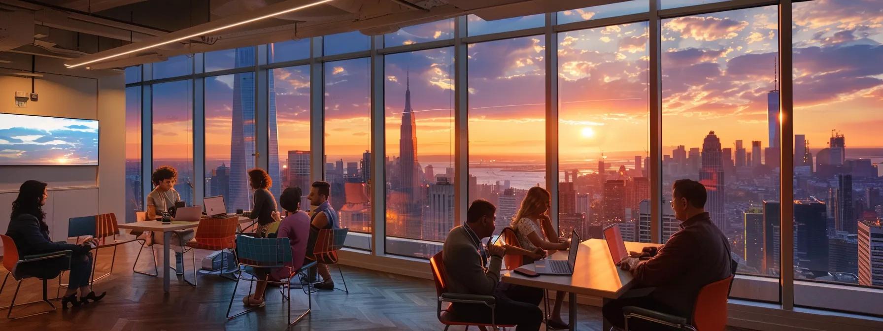 a dynamic office setting showcases a lively brainstorming session between tenx pr professionals and clients, with city skyline views of nyc through large windows, symbolizing strategic media partnerships and impactful brand exposure.