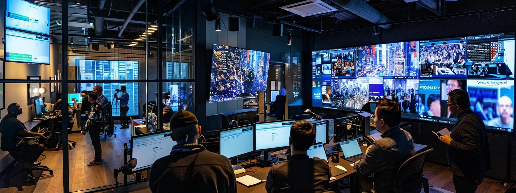 a dynamic office setting showcases a diverse team engaged in a strategic meeting, surrounded by screens displaying vibrant media coverage and analytics, emphasizing tenx pr services’ role in enhancing brand visibility and television presence.