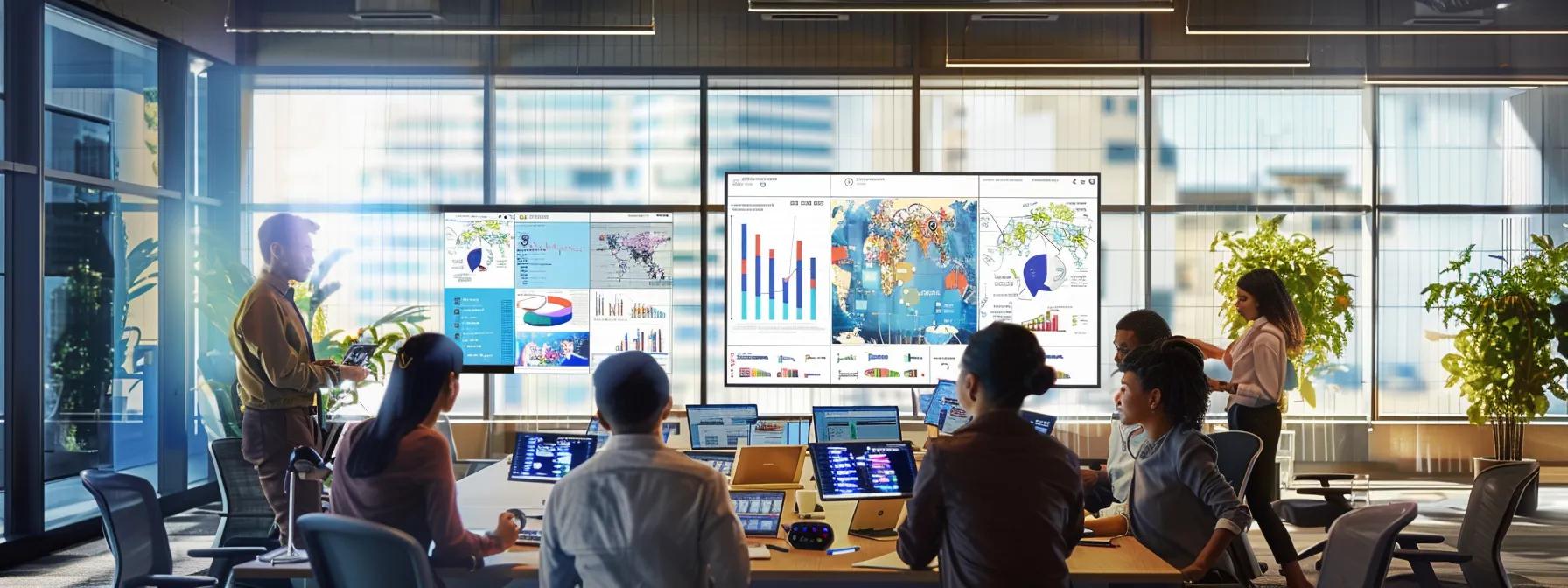a dynamic office setting showcases a diverse team engaged in a vibrant brainstorming session, surrounded by digital screens displaying energy content metrics and promotional strategies. a dynamic office setting showcases a diverse team engaged in a vibrant brainstorming session, surrounded by digital screens displaying energy content metrics and promotional strategies.