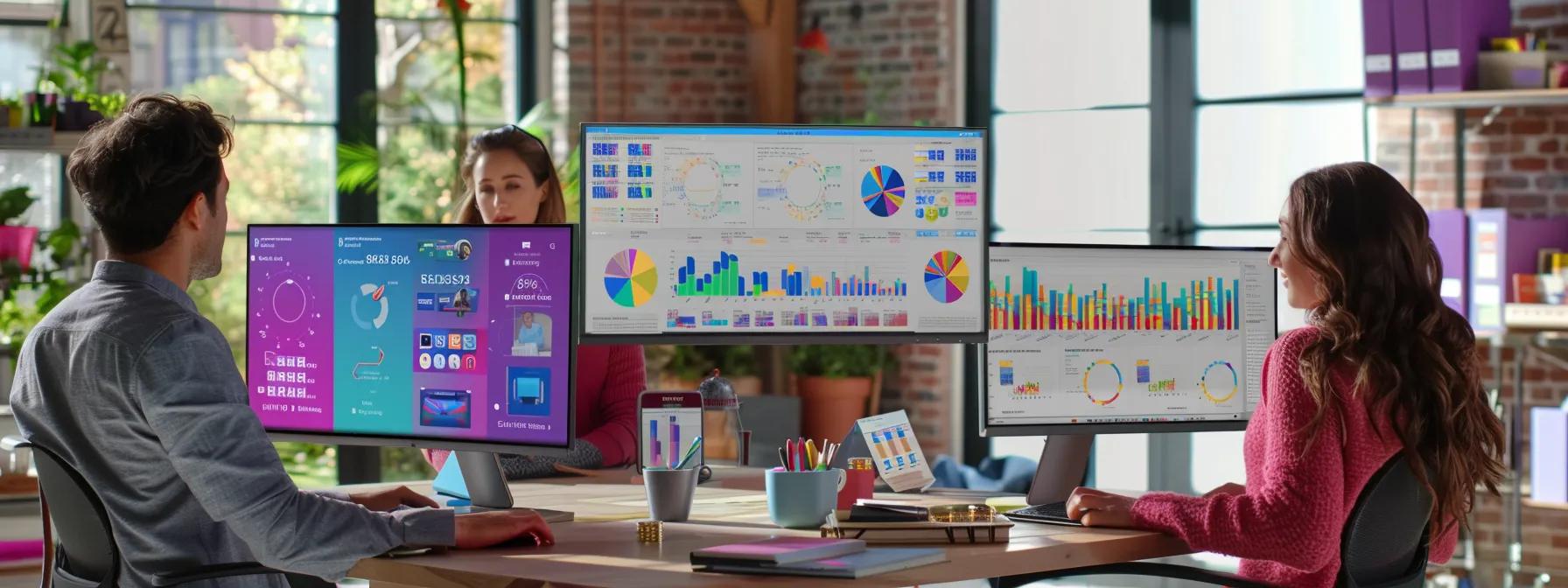 a dynamic office setting showcases a diverse group of professionals collaboratively analyzing digital marketing data on sleek monitors, with vibrant charts and graphs illuminating the significance of key local seo strategies for driving ecommerce growth.