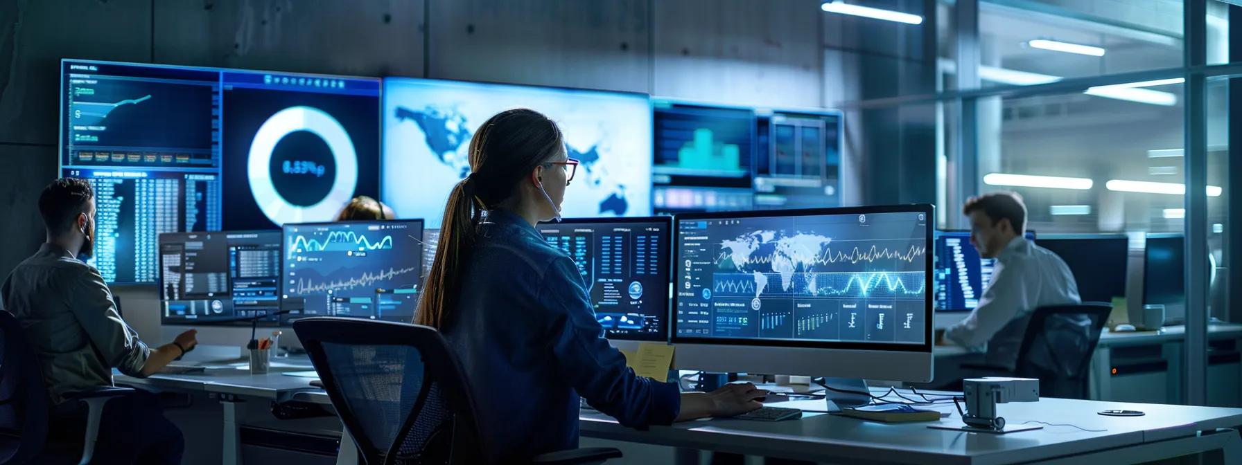 a dynamic office setting showcases a diverse team engaged in analyzing digital advertising performance metrics on sleek monitors, emphasizing the importance of optimizing click-through rates across various channels for ecommerce success.