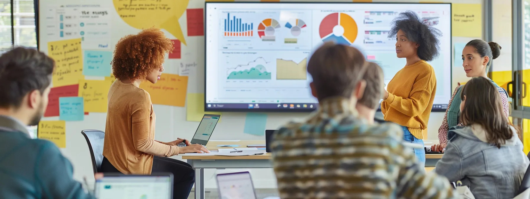 a dynamic office setting showcases a diverse team engaged in a collaborative brainstorming session, surrounded by colorful charts and digital screens that outline smart goals and objectives, emphasizing clarity and focused teamwork.