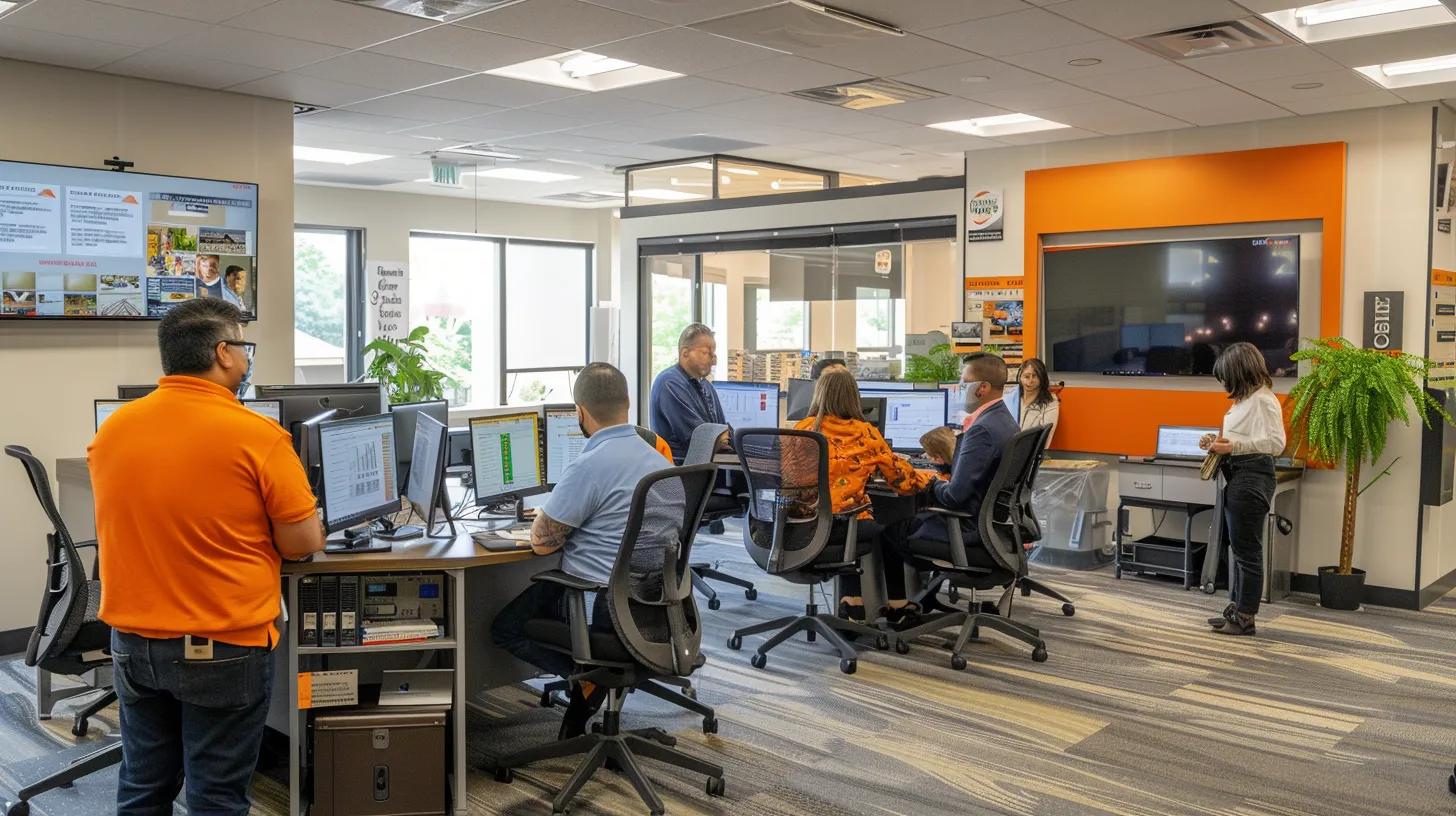 a dynamic office setting showcases a diverse group of contractors engaged in an interactive workshop, surrounded by informative posters and digital screens that highlight regulatory resources and compliance tools available in knoxville.