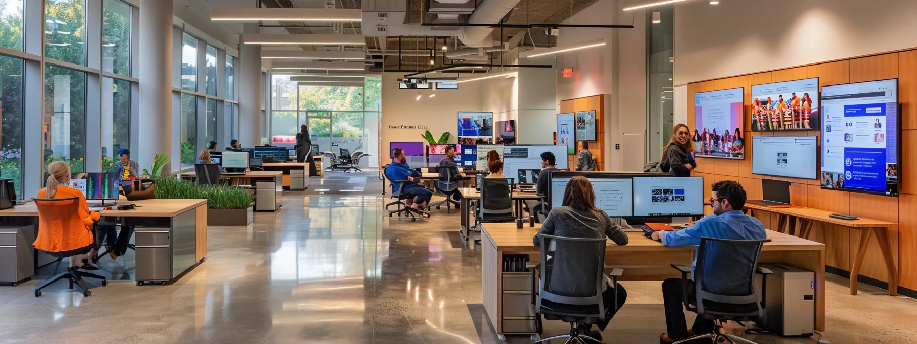 a dynamic office space showcases a diverse public relations team engaged in a collaborative workflow, surrounded by digital screens displaying project management tools and vibrant visual updates, emphasizing efficiency and teamwork.