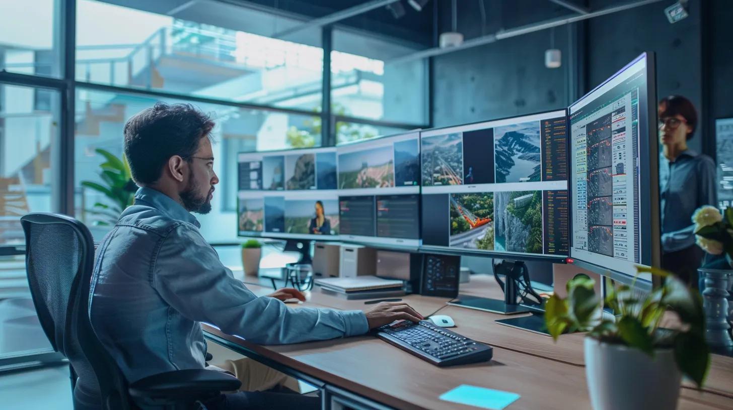 a dynamic office workspace showcases a team of professionals collaborating over large monitors displaying detailed case studies of high-profile websites built on webflow, emphasizing design excellence and performance amid heavy traffic.