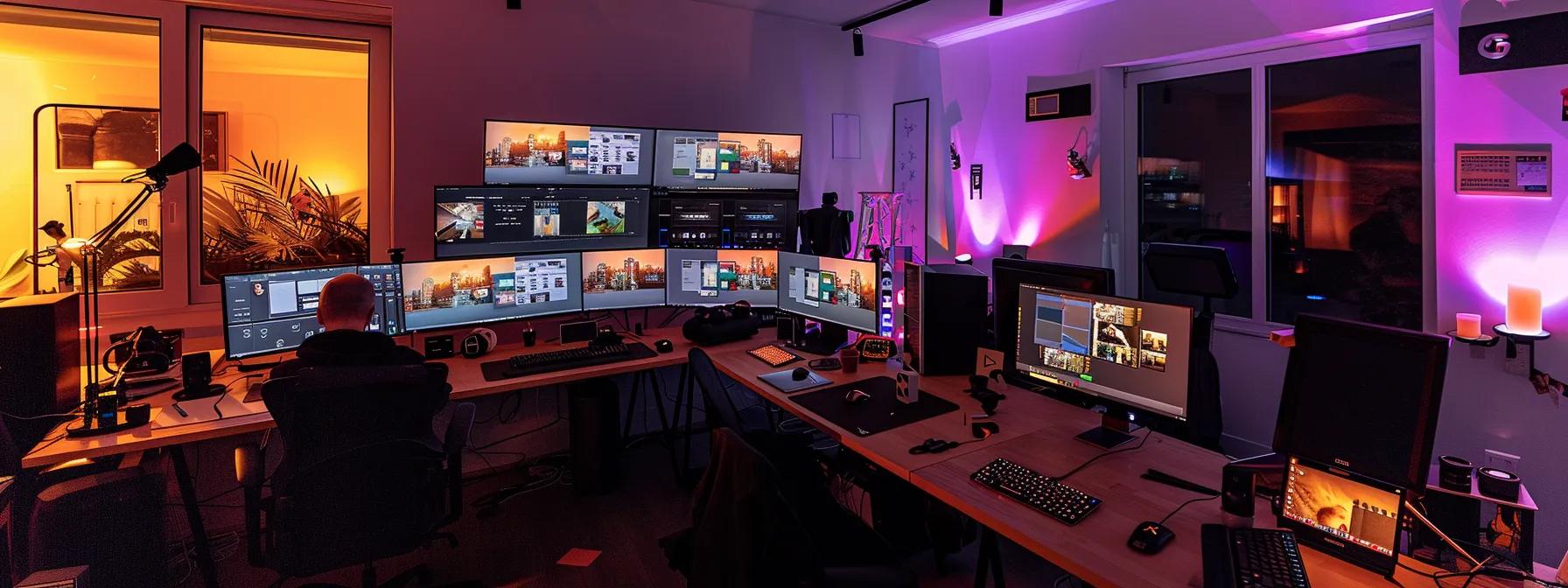 a dynamic office workspace featuring a confident business owner engaged in a video call with a professional website designer, showcasing detailed mock-ups of an seo-friendly website on dual monitors, illuminated by bright, focused lighting to emphasise innovation and collaboration.