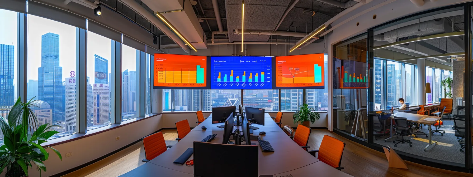 a dynamic office workspace filled with digital screens displaying vibrant graphs and analytics, where a focused team collaborates on innovative seasonal ppc strategies amidst a sleek urban backdrop.