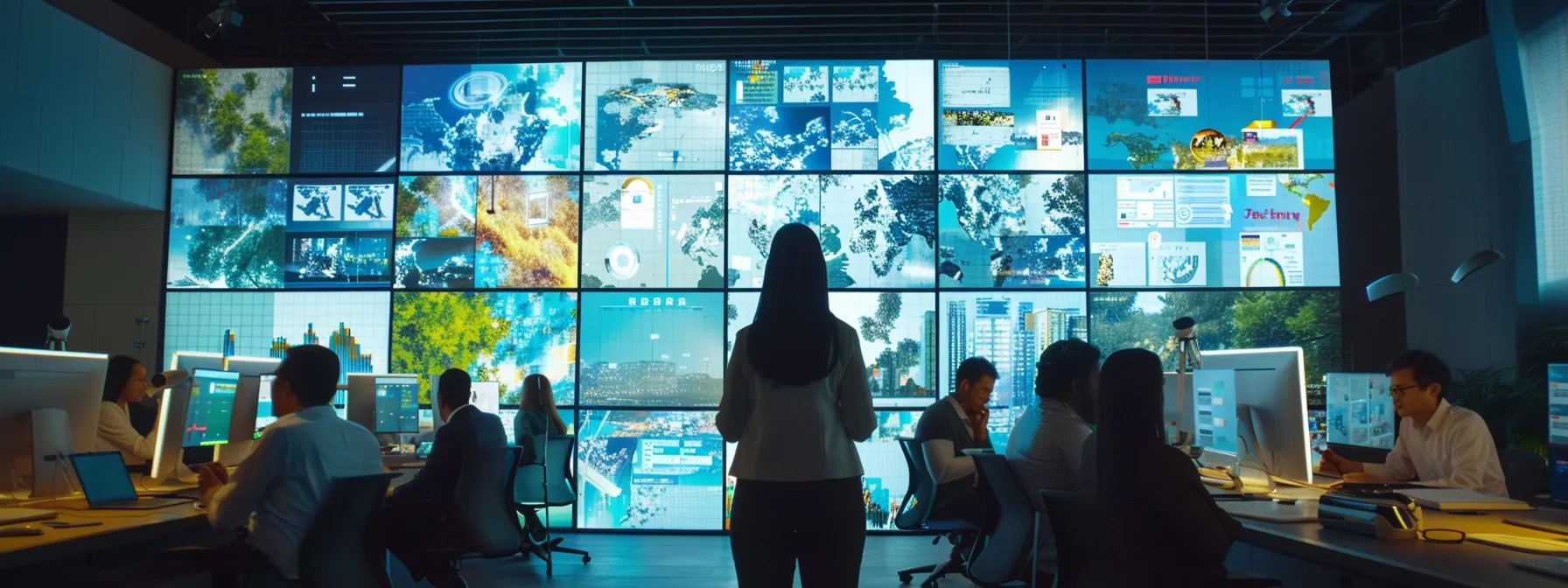 a dynamic office workspace filled with professionals engaged in animated discussions around digital screens displaying ai-driven marketing strategies and data analytics, emphasizing collaboration and innovation in local marketing.