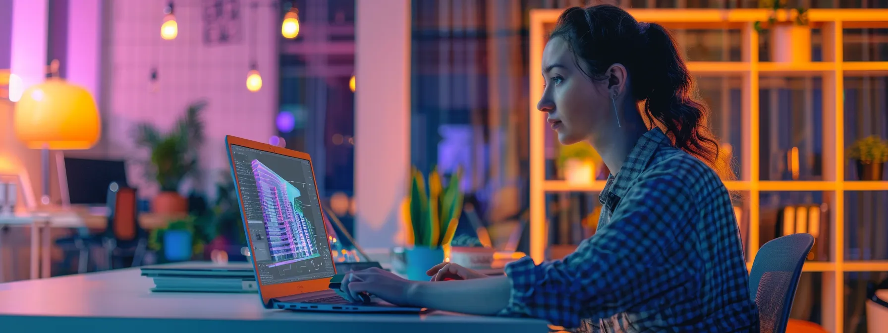 a dynamic online classroom setting features a focused student engaging with advanced architectural software on a sleek laptop, surrounded by vibrant digital designs and architecture-related resources, embodying the flexibility and innovation of online architecture studies.