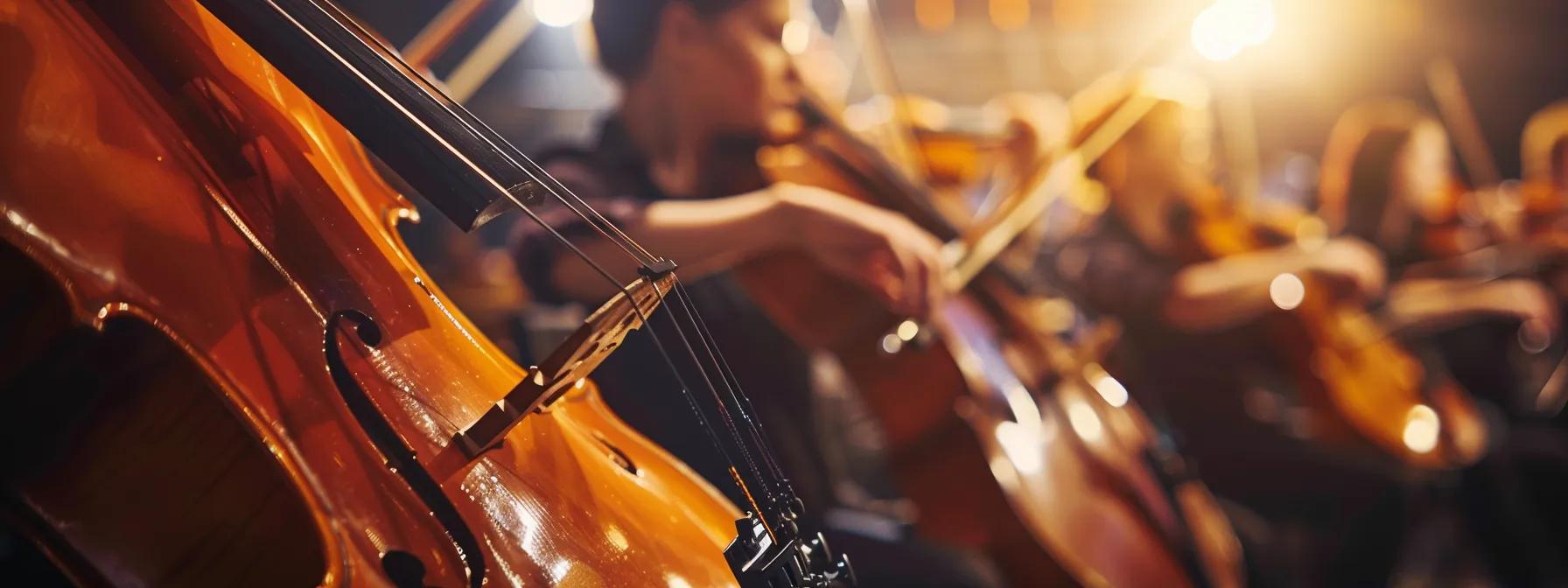 a dynamic orchestral rehearsal scene, featuring musicians intently focused on their instruments, set against the backdrop of a vibrant concert hall with dramatic lighting highlighting the rich textures of the instruments. a dynamic orchestral rehearsal scene, featuring musicians intently focused on their instruments, set against the backdrop of a vibrant concert hall with dramatic lighting highlighting the rich textures of the instruments.